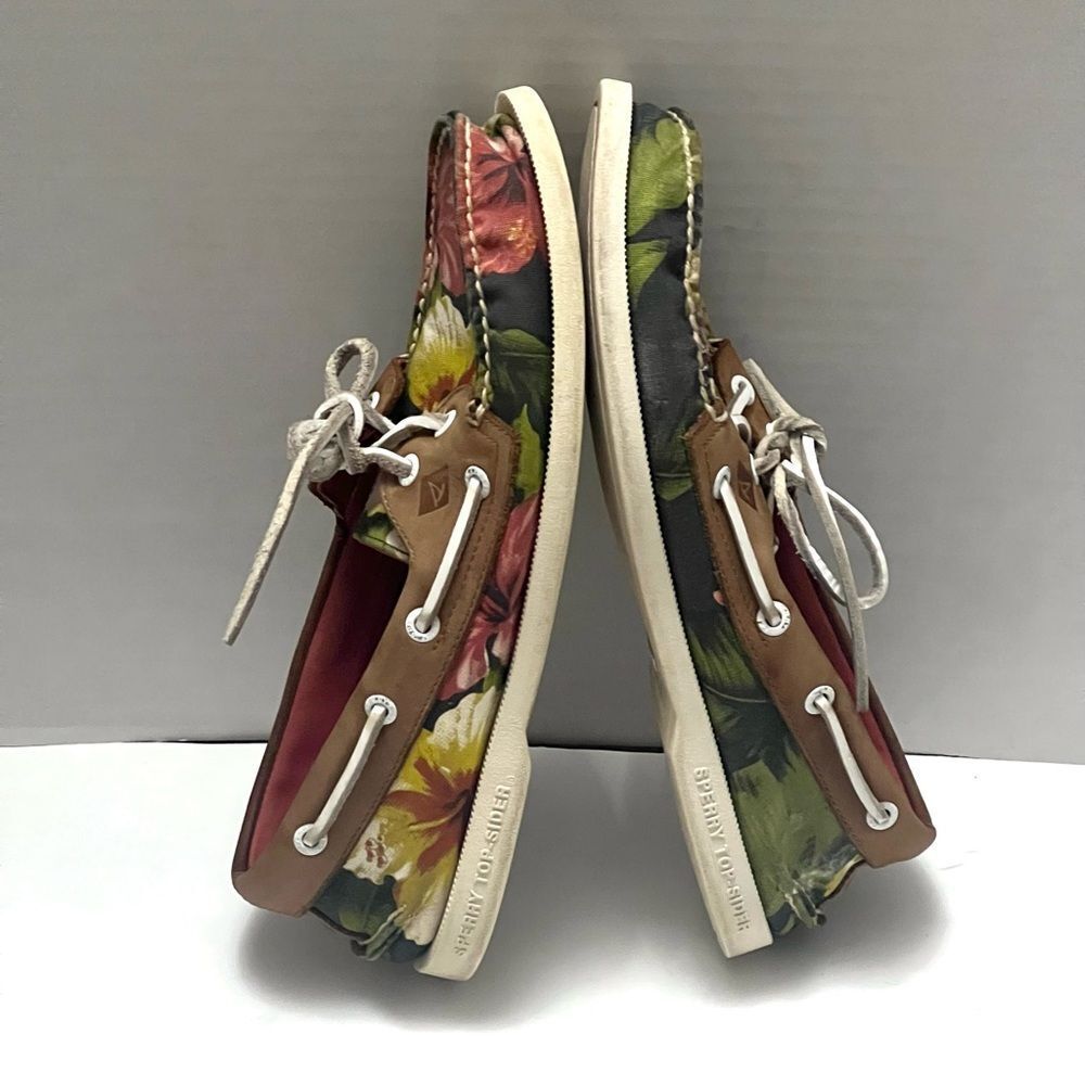 Sperry Leather Canvas Mens Boat Shoes Sz 8 Floral Preppy Casual Nautical Coastal - Picture 5 of 12